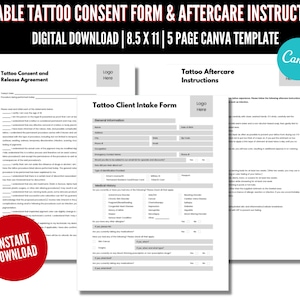 Tattoo Consent Form, Client Intake Form, Tattoo Aftercare Instructions, Editable in Canva