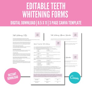 Puede incluir: Tres formularios imprimibles para servicios de blanqueamiento dental. Los formularios se titulan "Preguntas frecuentes sobre el blanqueamiento dental", "Consentimiento informado para el blanqueamiento dental" y "Información sobre el cuidado posterior al blanqueamiento dental". Cada formulario tiene un espacio para un logotipo e incluye texto sobre el blanqueamiento dental.