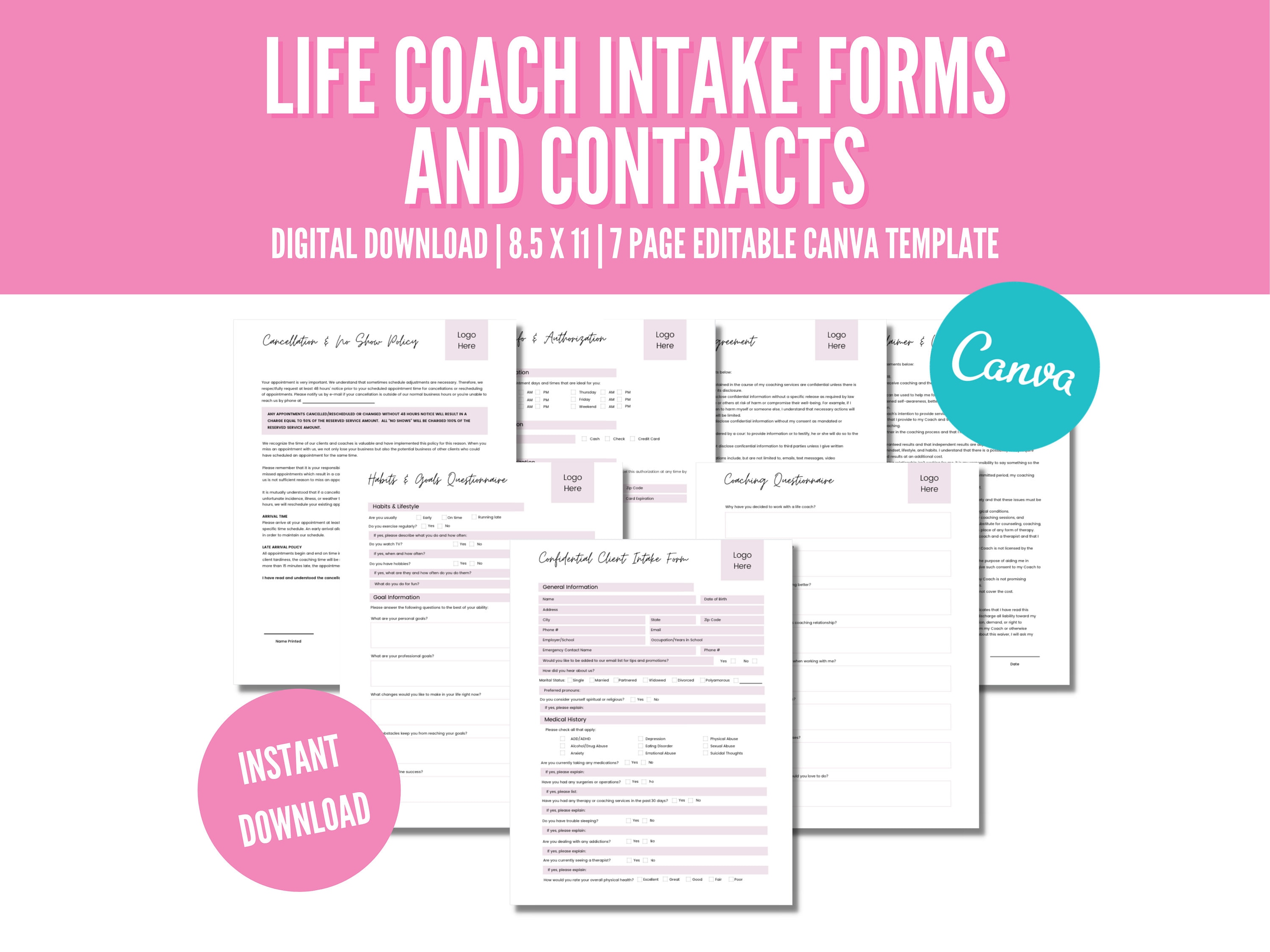 Life Coach Intake Form and Contract, Life Coaching Intake Form, Client Intake Forms, Coaching Business Forms, Life Coach Contract PDF
