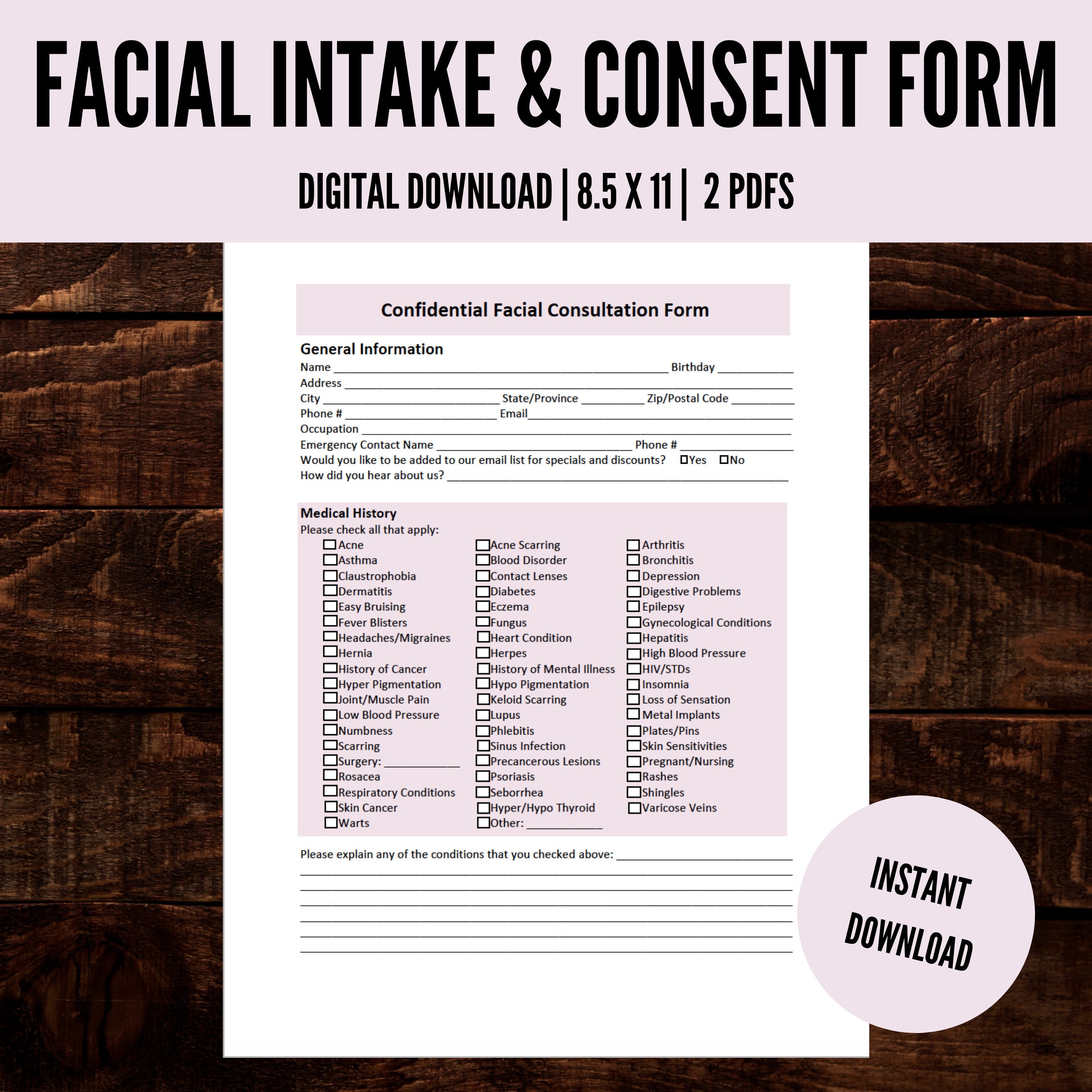 Facial Intake Form Facial Consent Form Esthetician Intake Etsy Australia