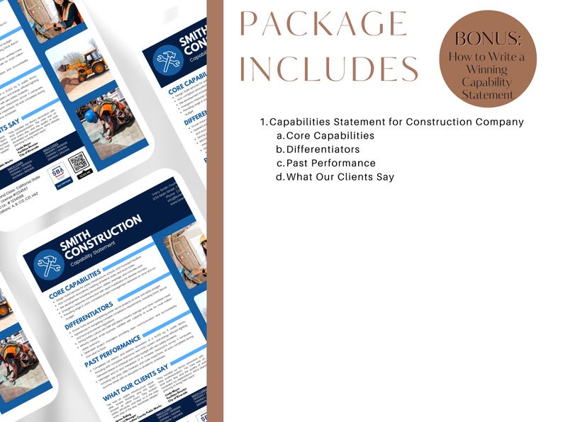 K&ouml;nnte beinhalten: Eine zweiseitige Dokumentvorlage f&uuml;r eine Leistungsbeschreibung eines Bauunternehmens. Das Dokument enth&auml;lt Abschnitte f&uuml;r Kernkompetenzen, Differenzierungsmerkmale, vergangene Leistungen und Kundenmeinungen. Das Dokument enth&auml;lt au&szlig;erdem einen Bonusabschnitt dar&uuml;ber, wie man eine &uuml;berzeugende Leistungsbeschreibung schreibt.