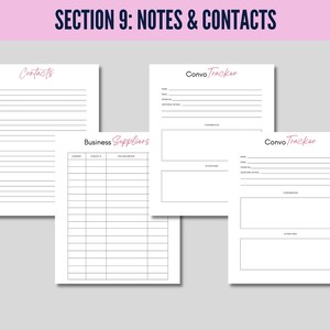May include: A planner page spread with the heading "SECTION 9: NOTES & CONTACTS". Pages include sections for contacts, business suppliers, and conversation tracking. The text is in black and pink on a white background.