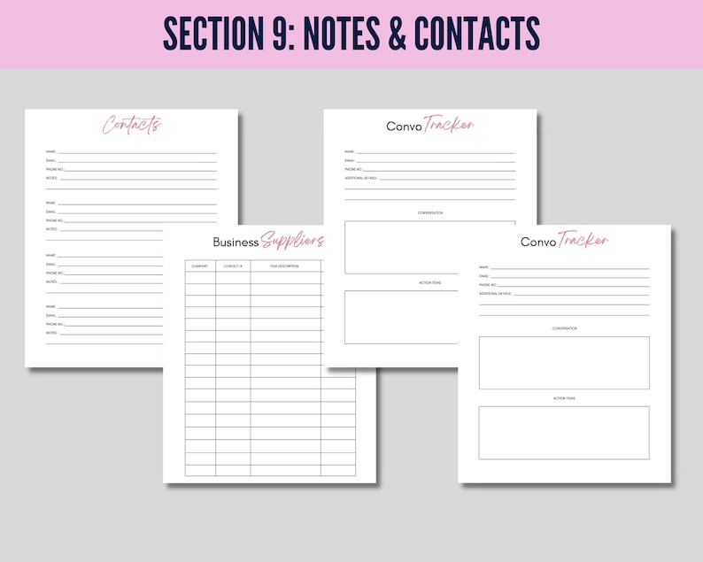 May include: A planner page spread with the heading "SECTION 9: NOTES & CONTACTS". Pages include sections for contacts, business suppliers, and conversation tracking. The text is in black and pink on a white background.