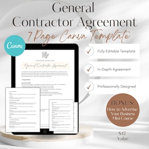 Può includere: Un mockup digitale di un modello Canva di 7 pagine per un contratto generale di appalto. Il modello è completamente modificabile, completo e progettato in modo professionale. Include un mini-corso bonus su come pubblicizzare la tua attività. Il modello è visualizzato su un tablet con uno sfondo bianco.