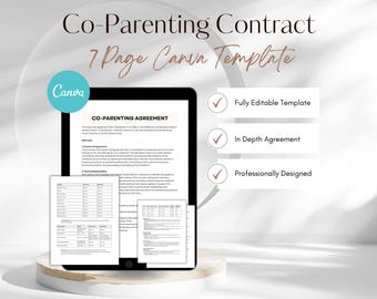 May include: A digital tablet displaying a 7-page Canva template for a co-parenting agreement. The template is fully editable, in-depth, and professionally designed. The text on the screen reads "Co-Parenting Agreement".