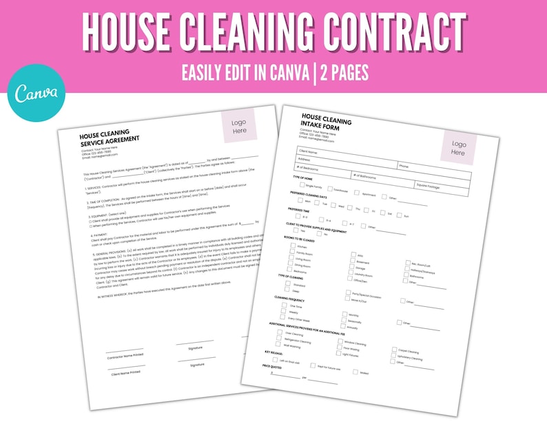 Cleaning Business Forms House Cleaning Contract Cleaning Etsy