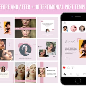 May include: A pink and white graphic design template for social media posts. The template features a before and after photo layout with a testimonial section. The template is designed for businesses in the beauty and wellness industry.