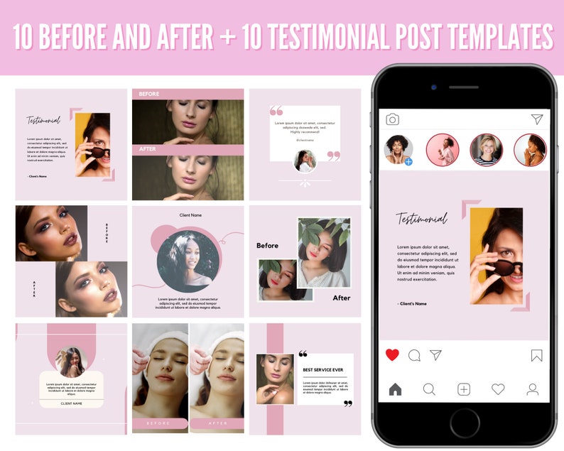 May include: A pink and white graphic design template for social media posts. The template features a before and after photo layout with a testimonial section. The template is designed for businesses in the beauty and wellness industry.