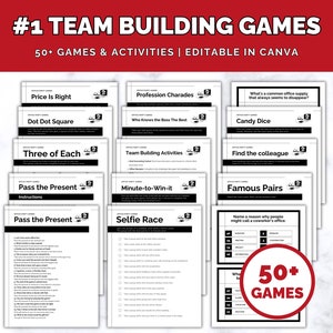 May include: A collection of printable office party games, including "Price is Right," "Dot Dot Square," and "Minute-to-Win-It." The image features the text "#1 TEAM BUILDING GAMES" and "50+ GAMES & ACTIVITIES | EDITABLE IN CANVA."