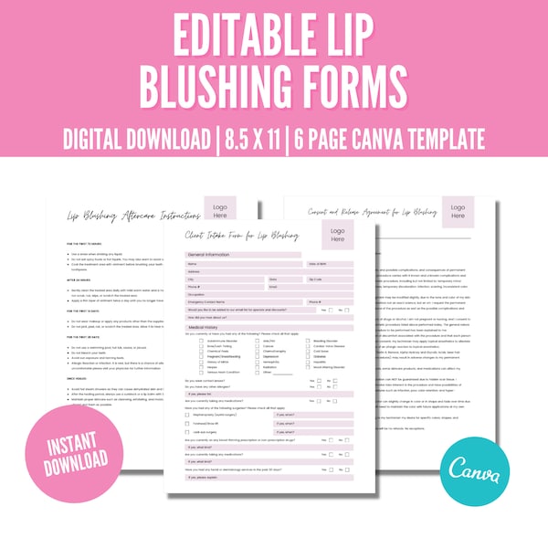 Lip Blushing Consent Form, Lip Blush Intake Form, Aftercare Form, Editable Esthetician Business Form