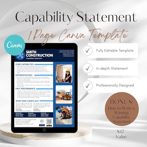 Peut inclure: Un modèle de présentation de capacités sur une page pour Canva. Le modèle présente un design bleu et blanc avec le texte "SMITH CONSTRUCTION" et des sections pour les capacités de base, les différenciateurs, les performances passées et ce que disent les clients. Le modèle comprend également une section bonus sur la façon de rédiger une présentation de capacités gagnante. Le modèle est entièrement modifiable et conçu de manière professionnelle.