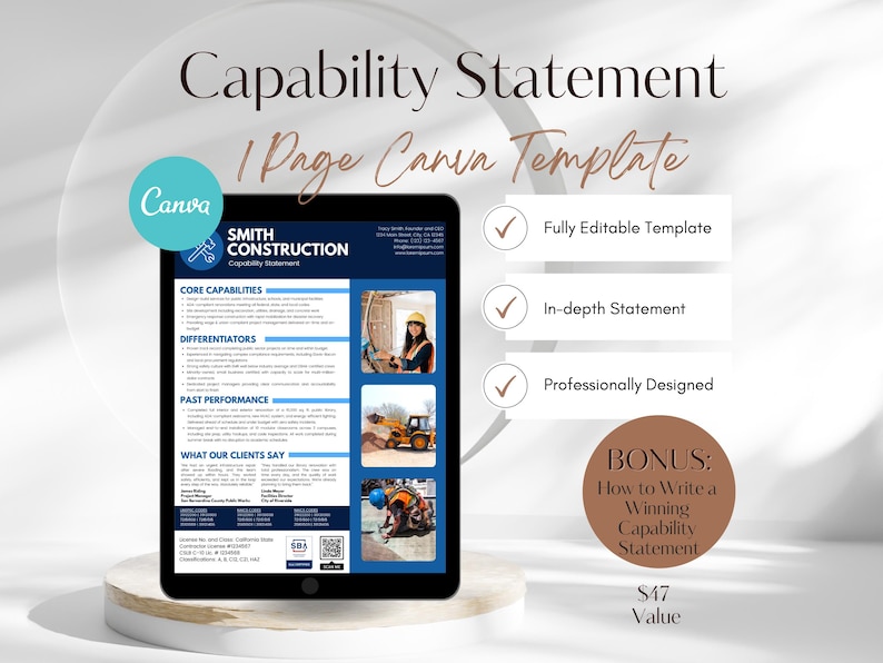 K&ouml;nnte beinhalten: Eine einseitige Canva-Vorlage f&uuml;r ein Kompetenzprofil. Die Vorlage hat ein blaues und wei&szlig;es Design mit dem Text "SMITH CONSTRUCTION" und Abschnitten f&uuml;r Kernkompetenzen, Differenzierungsmerkmale, vergangene Leistungen und Kundenfeedback. Die Vorlage enth&auml;lt au&szlig;erdem einen Bonusabschnitt dar&uuml;ber, wie man ein &uuml;berzeugendes Kompetenzprofil schreibt. Die Vorlage ist vollst&auml;ndig editierbar und professionell gestaltet.