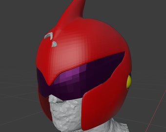 May include: A red and purple helmet with a pointed top and a yellow detail. The helmet is a 3D model.