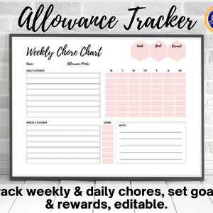 Może przedstawiać: Drukowany arkusz do śledzenia kieszonkowego z czarną ramką. Arkusz zawiera sekcje na codzienne i tygodniowe obowiązki, tygodniowy harmonogram obowiązków oraz sekcję do ustalania celów i nagród. Arkusz nosi tytuł "Allowance Tracker" i "Weekly Chore Chart".