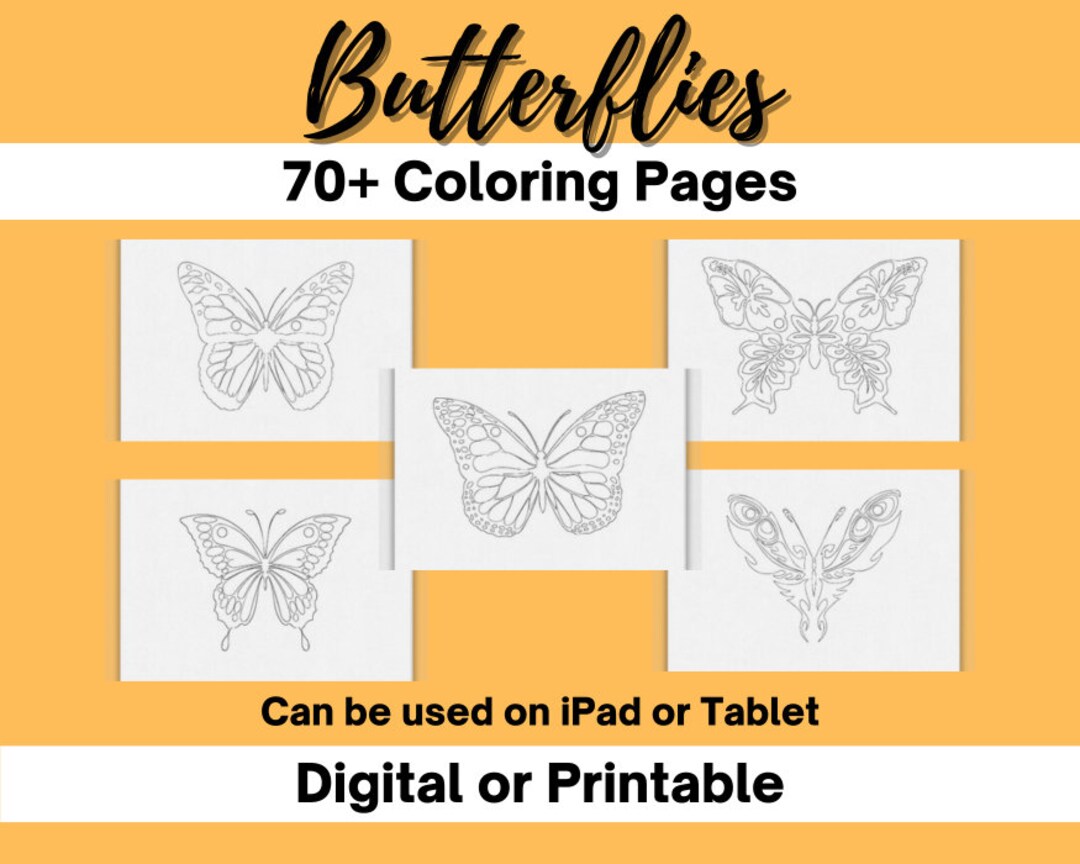 70 Butterfly Coloring Book Printable Art Pages Butterflies Activity ...