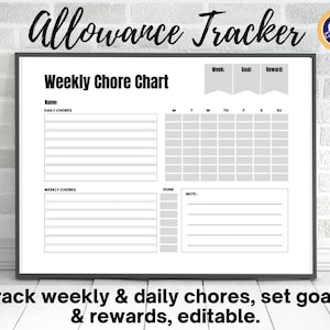 Può includere: Un grafico di compiti stampabile in bianco e nero con il titolo "Allowance Tracker" e "Weekly Chore Chart". Il grafico include sezioni per i compiti quotidiani, i compiti settimanali, una griglia di calendario, una sezione di note e spazi per "Settimana", "Obiettivo" e "Ricompensa".