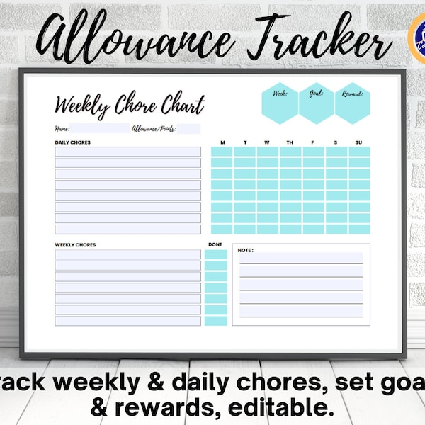 Fillable Weekly Allowance Chore Chart Printable Positive Habits Kids Teens Family Planner Track Rewards Goals Back to School Colorful School