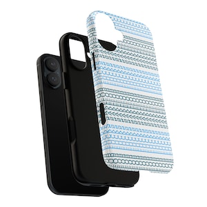 May include: A black smartphone with a protective case. The case is white with a repeating pattern of blue and teal geometric shapes. The phone is shown in three parts: the phone, the black case, and the patterned case.