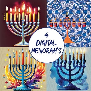 4 Menorah Digitaldrucke, digital hanukkiyah, jüdisch, Hannukah, Chanukka Menorah, Bundle, Clipart, jpeg, Sublimation, Weihnachtskarten