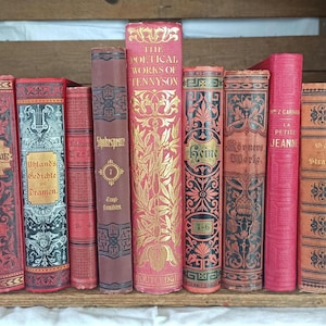 Pode incluir: Uma fila de dez livros antigos com capas vermelhas, marrons e douradas. Os livros têm desenhos ornamentados e títulos como "Shakespeare", "Uhland's Gedichte Dramen", "The Poetical Works of Tennyson", "Heine", "Rotemans Werke", "La Petite Jeanne" e "Galia des Strandvogt".