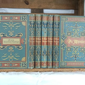 Puede incluir: Un conjunto de diez libros antiguos de tapa dura con cubiertas adornadas en oro y azul. Los libros se titulan "Die Alpenfee" y "Der Roman" con los números de volumen 2, 3, 5, 6 y 10. Los libros están dispuestos en una fila en un estante de madera.