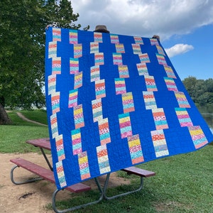 May include: A blue quilt with colorful patchwork squares in a diagonal pattern. The quilt is being held up by a person in a park setting.