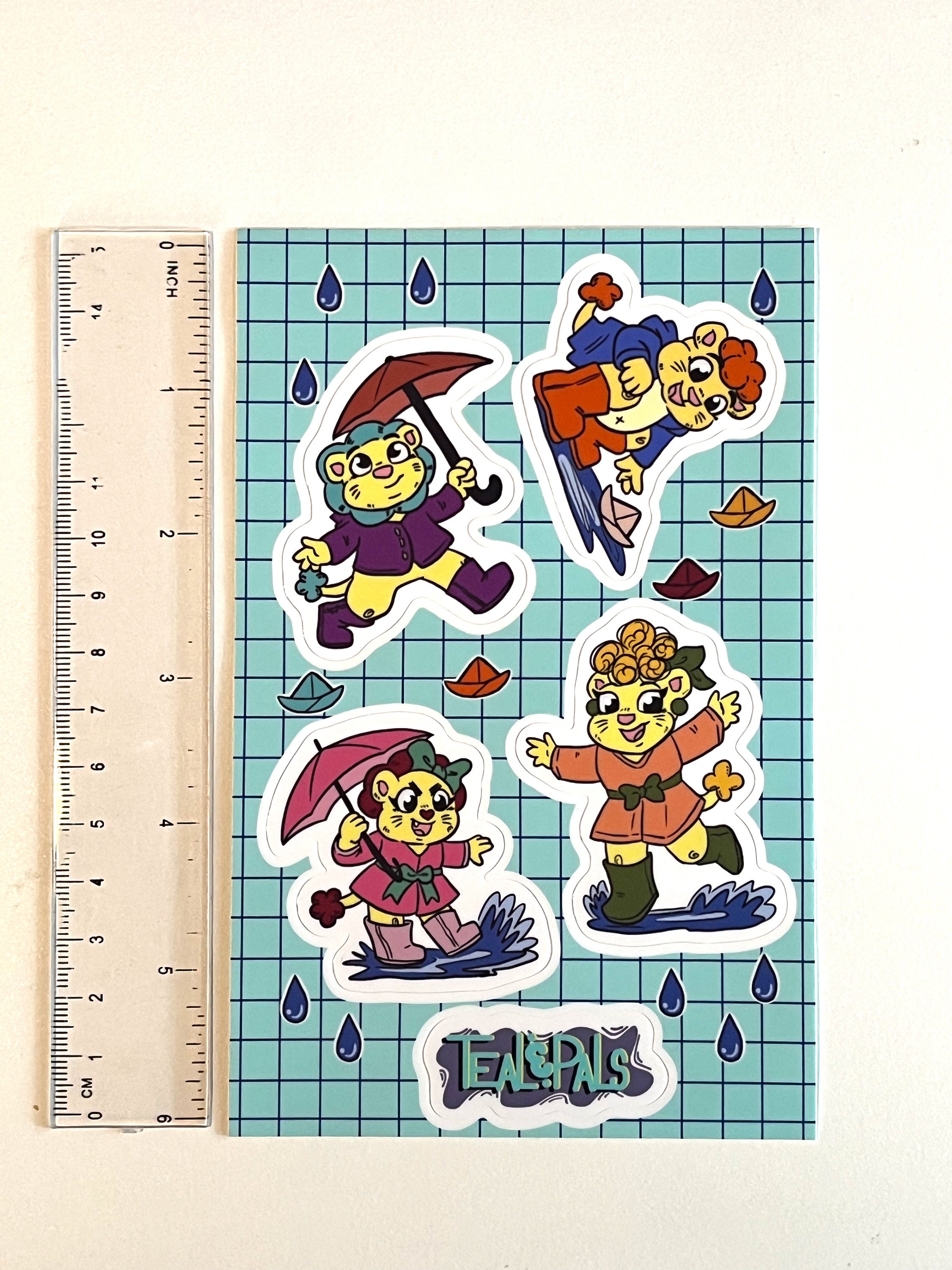 Teal Lion and Pals Rainy Day Sticker Sheet Journal Weather Cute Animals ...
