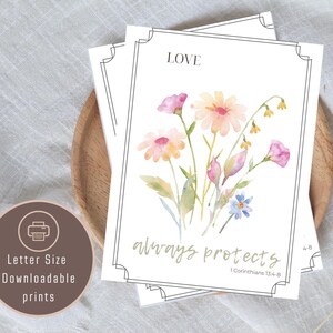 Arte floral con versículos bíblicos, 1 Corintios 13: El amor es paciente, arte digital para pared, PDF tamaño carta primaveral, Escritura imprimible para decoración de bodas.