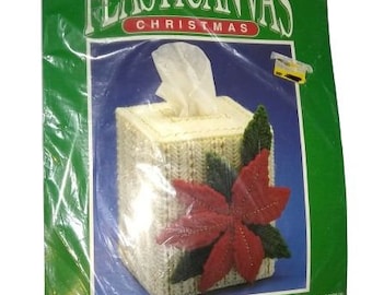 Bernat PlasticCanvas Poinsettia Tissue Box Cover Kit Christmas Retro Vintage