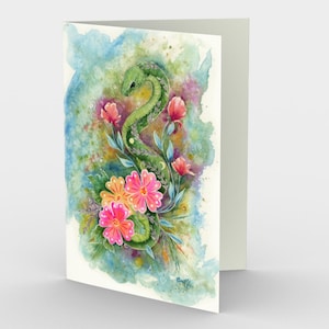 Green Snake & Floral Watercolor Greeting Cards - Blank