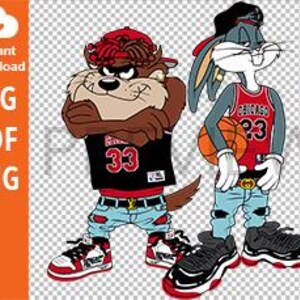 以下が含まれることがあります： カートゥーンキャラクターのバックスバニーとタズがバスケットボールのジャージとスニーカーを着用しています。バックスバニーは、23番の赤と黒のシカゴブルズのジャージを着ています。タズは、33番の赤と黒のジャージを着ています。両方のキャラクターは、青いジーンズと黒と赤のスニーカーを履いています。