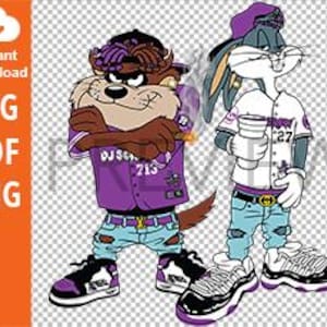 May include: Two cartoon characters, Bugs Bunny and Taz, wearing purple and white baseball jerseys with the number 27 on the back. Bugs Bunny is holding a cup and Taz is holding a cigarette. Both characters are wearing purple and black sneakers.