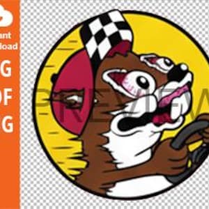 May include: A circular graphic illustration featuring a brown cartoon beaver with wide, bloodshot eyes and an open mouth, wearing a red baseball cap with a black and white checkered pattern, gripping a black steering wheel against a yellow background.