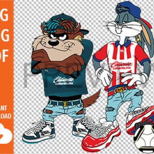 Könnte beinhalten: Eine digitale Illustration von Bugs Bunny und Taz, die Fußballtrikots und Turnschuhe tragen. Bugs Bunny trägt ein rot-weißes Trikot mit dem Text "Chivas" und eine blaue Baseballkappe. Taz trägt ein blau-grünes Trikot mit dem Text "Chivas" und eine schwarz-grüne Baseballkappe. Beide Figuren halten Fußbälle.
