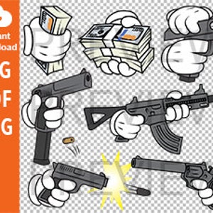 Cartoon style hands, guns and money - Digital art download png svg pdf