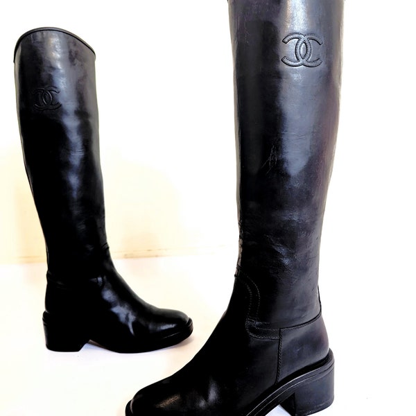 Chanel real Leather Knee High cc mark Logo Riding Boots Black 38 6 women tall used vintage interlocking