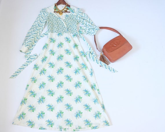 Vintage 1960’s Floral Prairie Flocked Long Ruffle Dress Size 9