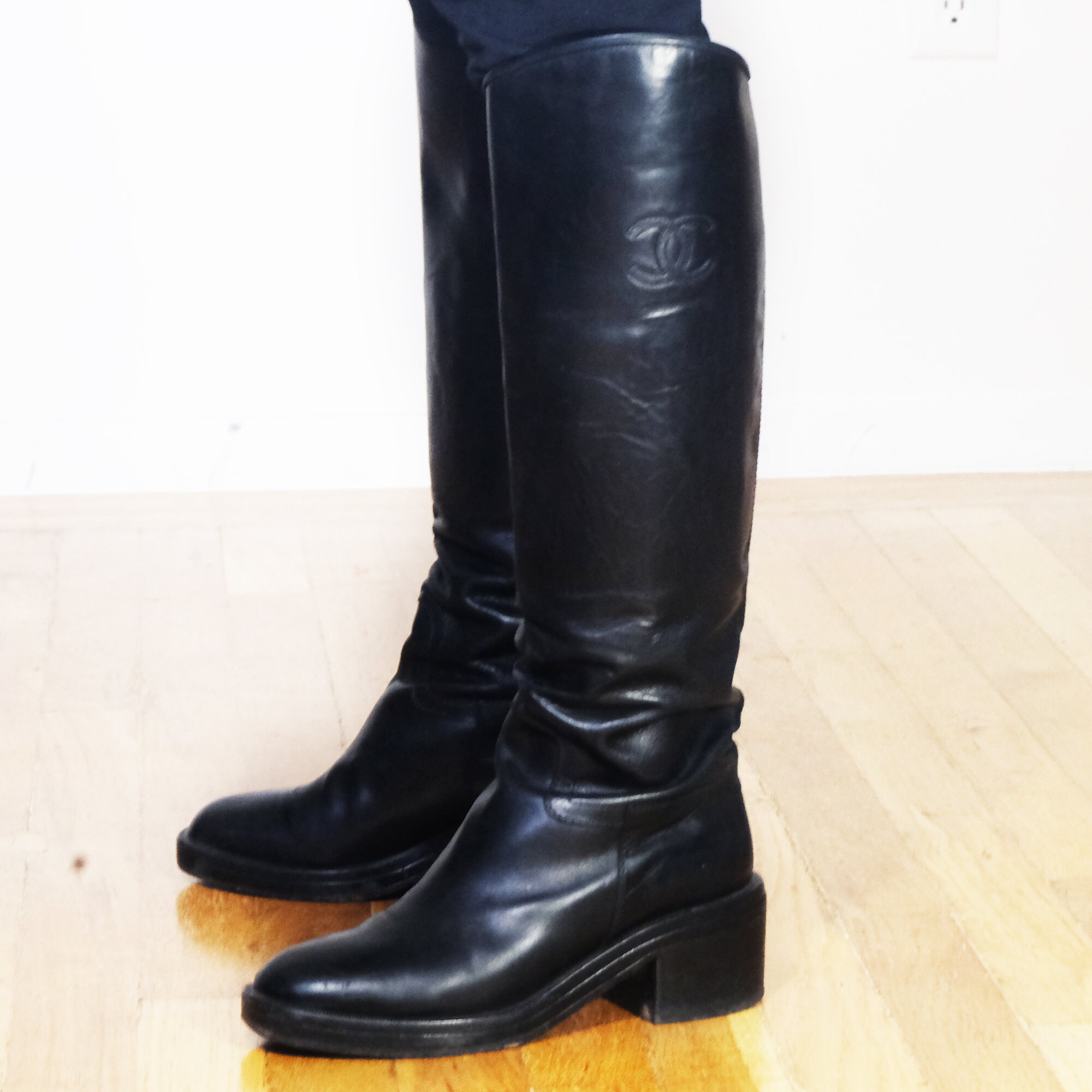 Chanel Real Leather Knee High Cc Mark Logo Riding Boots Black