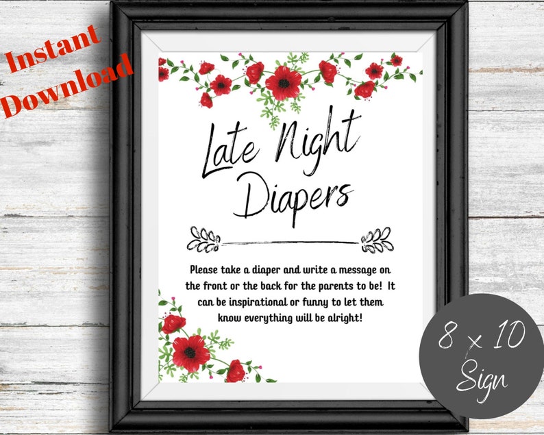 Instant download Poster Baby Shower Games Baby Shower Signs Baby Shower Late Night Diaper Sign Floral