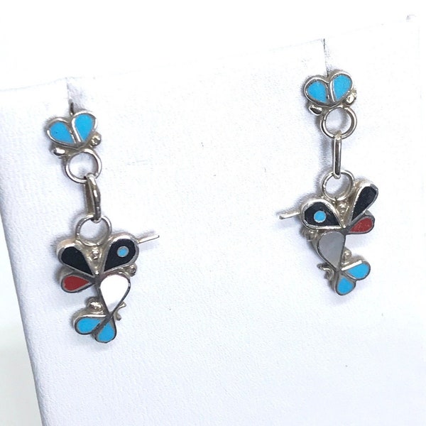 Vintage Zuni Inlay Hummingbird Earrings, Vintage Tribal Earrings