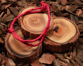 May include: Three wooden slices with a red rope tied around them. The rope has a blue and white pattern.