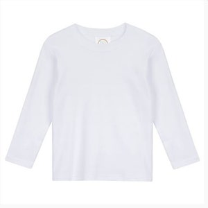 May include: A white long-sleeved t-shirt with a crew neck.