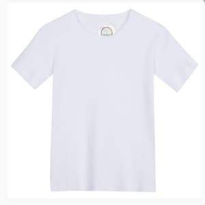 May include: A plain white short-sleeved t-shirt.