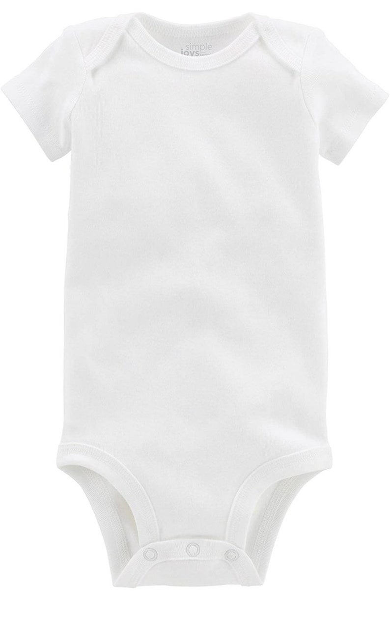May include: White short-sleeve baby onesie with a snap closure. The onesie has the text "simple joys" on the front.