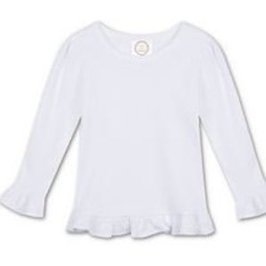 May include: White long-sleeve shirt with a ruffled hem and ruffled sleeves.