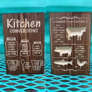 May include: Two wooden plaques with carved text and images. One shows kitchen conversions, including gallons, quarts, pints, and cups. The other displays cooking temperatures for various meats, including a cow, pig, fish, and chicken.
