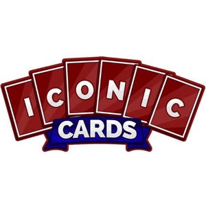 May include: Red playing cards with the word "ICONIC CARDS" in white letters on a blue ribbon.