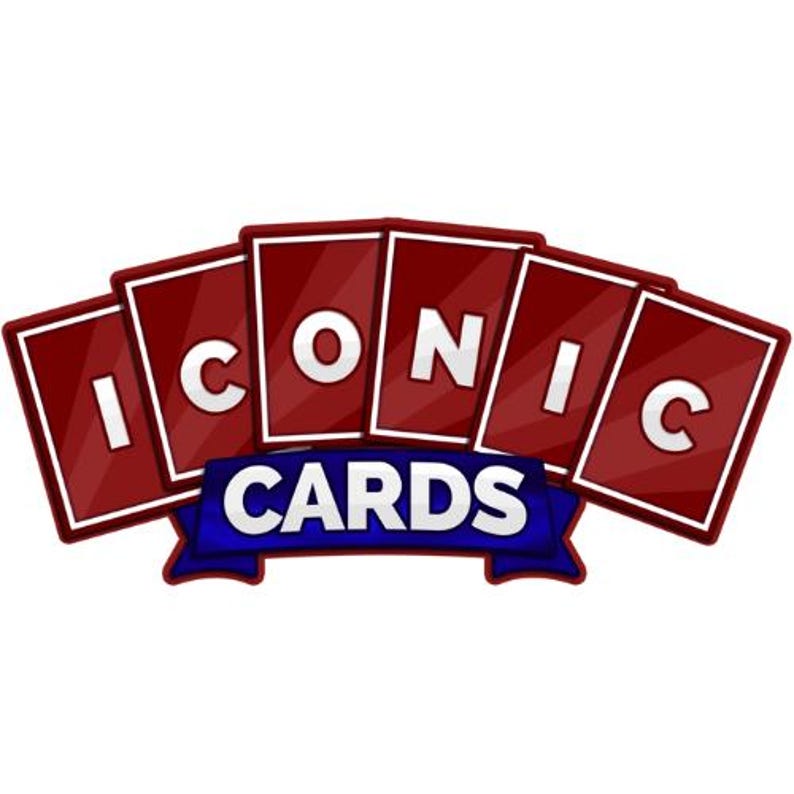 May include: Red playing cards with the word "ICONIC CARDS" in white letters on a blue ribbon.