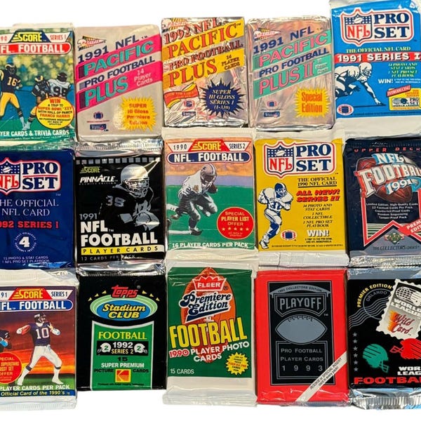 工場で密封されたワックスパック入り、未開封のヴィンテージNFLフットボールカード100枚 | Iconic Cards