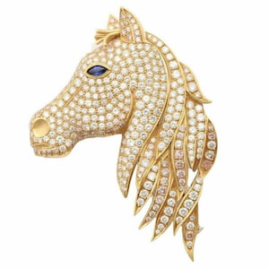 ビクトリア朝のローズカットダイヤモンド馬ブローチ 3.54カラットダイヤモンド、ブルーサファイア、シルバー純度92.5、ハンドメイドブローチ/ペンダント